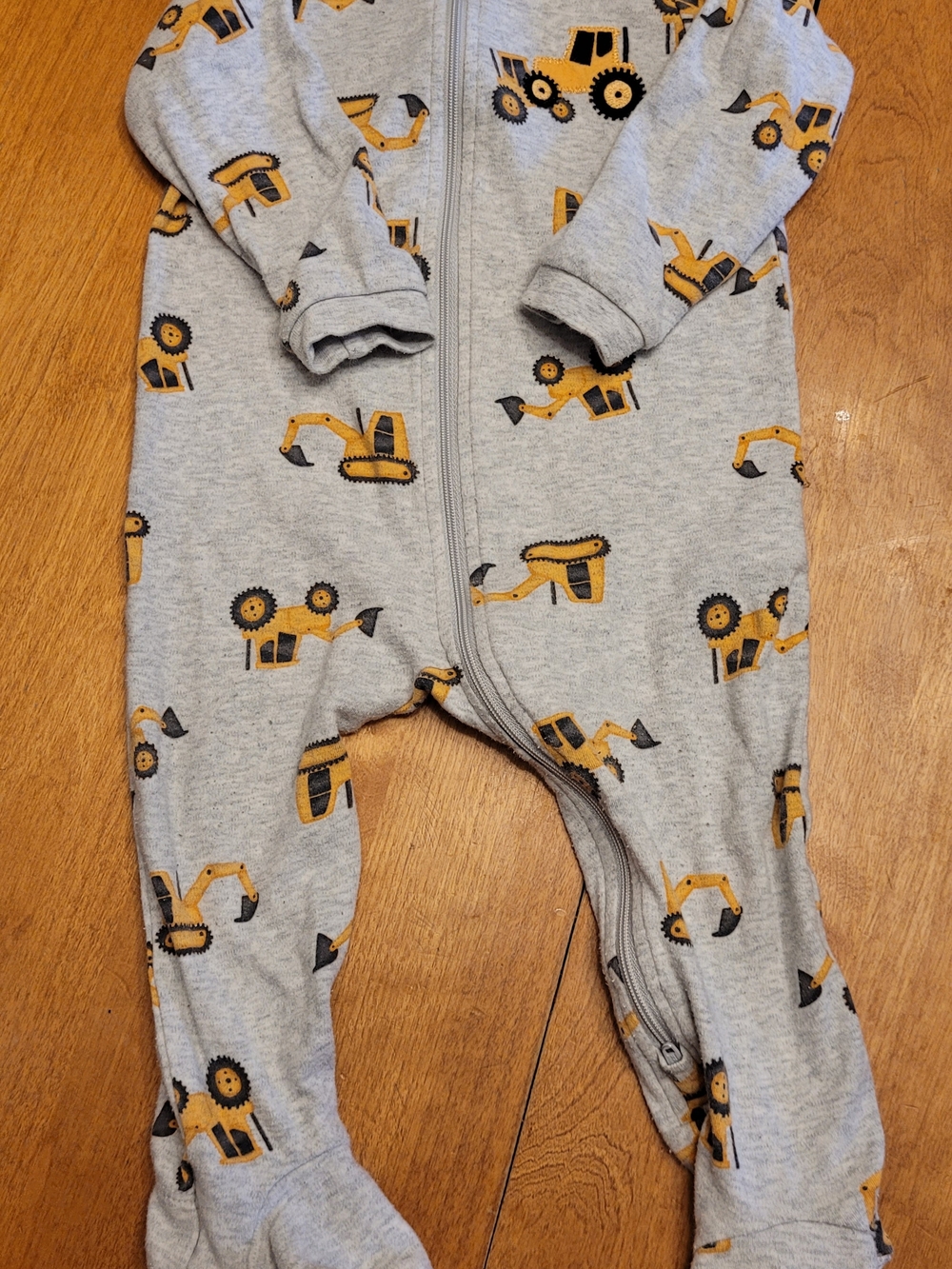 Grey Excavator Print Footed One-Piece Zipper Romper